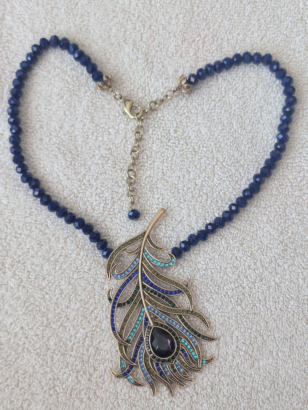 Vintage Style Art Deco Peacock Feather Crystal Beaded Statement Necklace